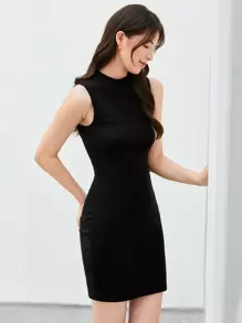 SHEIN BASICS Mock-Neck Bodycon Casual Dinner Dating Dress - Black - View 5