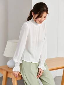 SHEIN Privé Solid Shirred Bell Sleeve Top - White - View 6