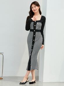 SHEIN Privé Houndstooth Print Button Front Bodycon Dress Workwear - Black and White - View 5