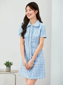 SHEIN MOD Plaid Raw Trim Tweed Dress - Blue and White - View 4