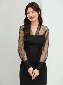 SHEIN Privé Lưới tương phản Viền mép Váy bodycon Trang phục làm việc - màu đen - Xem 4