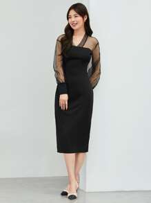 SHEIN Privé Lưới tương phản Viền mép Váy bodycon Trang phục làm việc - màu đen - Xem 5