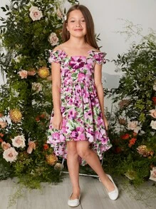 SHEIN Girls Floral Print Shirred Back Ruffle Trim High Low Hem Dress - Multicolor - View 4