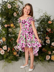 SHEIN Girls Floral Print Shirred Back Ruffle Trim High Low Hem Dress - Multicolor - View 6
