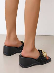 Chain Detail Wedge Slide Sandals - Black - View 2