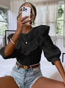 SHEIN LUNE Top ribete con fruncido con bordado con ojal - Negro - Ver 1