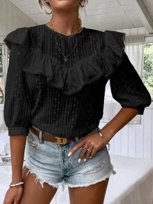 SHEIN LUNE Top ribete con fruncido con bordado con ojal - Negro - Ver 3