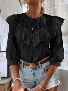 SHEIN LUNE Top ribete con fruncido con bordado con ojal - Negro - Ver 5