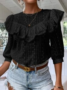 SHEIN LUNE Top ribete con fruncido con bordado con ojal - Negro - Ver 6