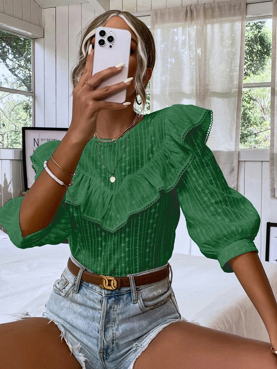SHEIN LUNE Ruffle Trim Eyelet Embroidery Top
