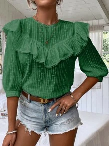 SHEIN LUNE Ruffle Trim Eyelet Embroidery Top