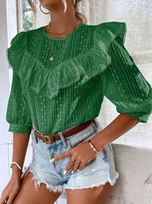 SHEIN LUNE Ruffle Trim Eyelet Embroidery Top