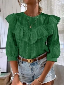 SHEIN LUNE Ruffle Trim Eyelet Embroidery Top