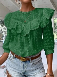 SHEIN LUNE Ruffle Trim Eyelet Embroidery Top