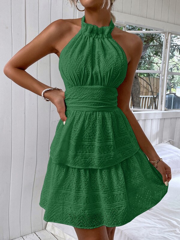 SHEIN Frenchy Halter Neck Backless Eyelet Embroidered Dress SHEIN UK