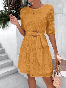 SHEIN Unity Vestido con cinturón de manga obispo con bordado con ojal de espalda con abertura de ojo bajo con fruncido - Mostaza Amarilla - Ver 1