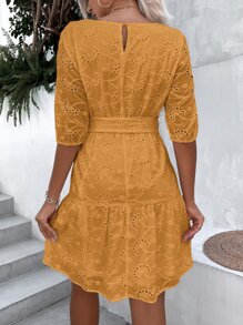 SHEIN Unity Vestido con cinturón de manga obispo con bordado con ojal de espalda con abertura de ojo bajo con fruncido - Mostaza Amarilla - Ver 2