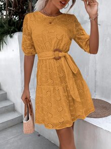 SHEIN Unity Vestido con cinturón de manga obispo con bordado con ojal de espalda con abertura de ojo bajo con fruncido - Mostaza Amarilla - Ver 4