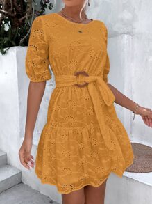 SHEIN Unity Vestido con cinturón de manga obispo con bordado con ojal de espalda con abertura de ojo bajo con fruncido - Mostaza Amarilla - Ver 6