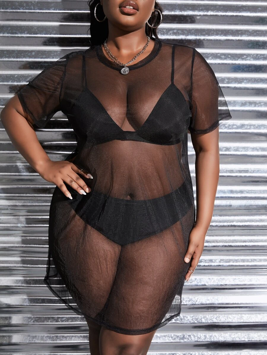 Slaydiva Plus Sheer Mesh Dress Without Underwear - Black - View 1