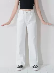 SHEIN Girls' Simple Versatile White Washed Straight Leg Jeans