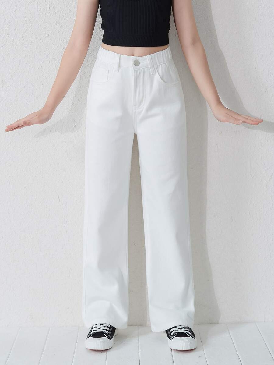 SHEIN Girls' Simple Versatile White Washed Straight Leg Jeans