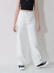 SHEIN Girls' Simple Versatile White Washed Straight Leg Jeans