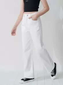 SHEIN Girls' Simple Versatile White Washed Straight Leg Jeans