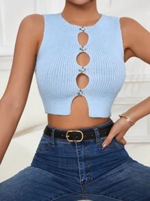 SHEIN SXY Rhinestone Cut Out Split Hem Crop Sweater Vest - Baby Blue - View 1