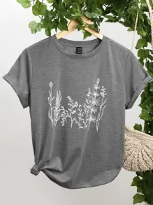 SHEIN Unity 植物印花圓領T恤 - 灰色 - 查看 1