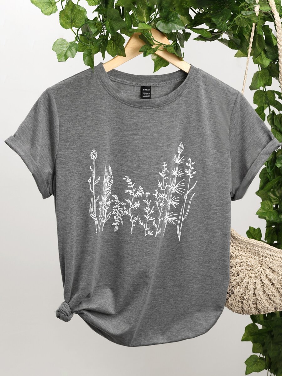 SHEIN Unity 植物印花圓領T恤 - 灰色 - 查看 1