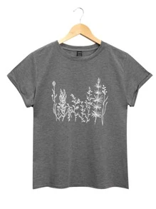 SHEIN Unity 植物印花圓領T恤 - 灰色 - 查看 5