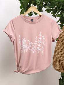 SHEIN Unity Summer Casual Plant Print Round Neck Short Sleeve T-Shirt - Baby Pink - View 1