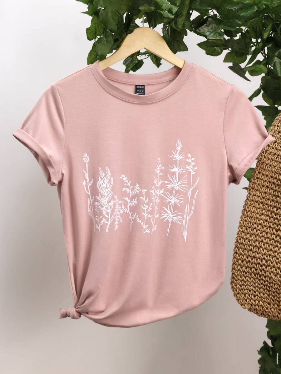 SHEIN Unity Summer Casual Plant Print Round Neck Short Sleeve T-Shirt - Baby Pink - View 1