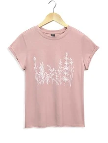 SHEIN Unity Summer Casual Plant Print Round Neck Short Sleeve T-Shirt - Baby Pink - View 3