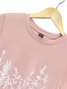 SHEIN Unity Summer Casual Plant Print Round Neck Short Sleeve T-Shirt - Baby Pink - View 5