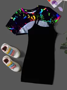 SHEIN 預青少女圖形印花高低襬t恤和背心禮服 - 黑色 - 查看 1