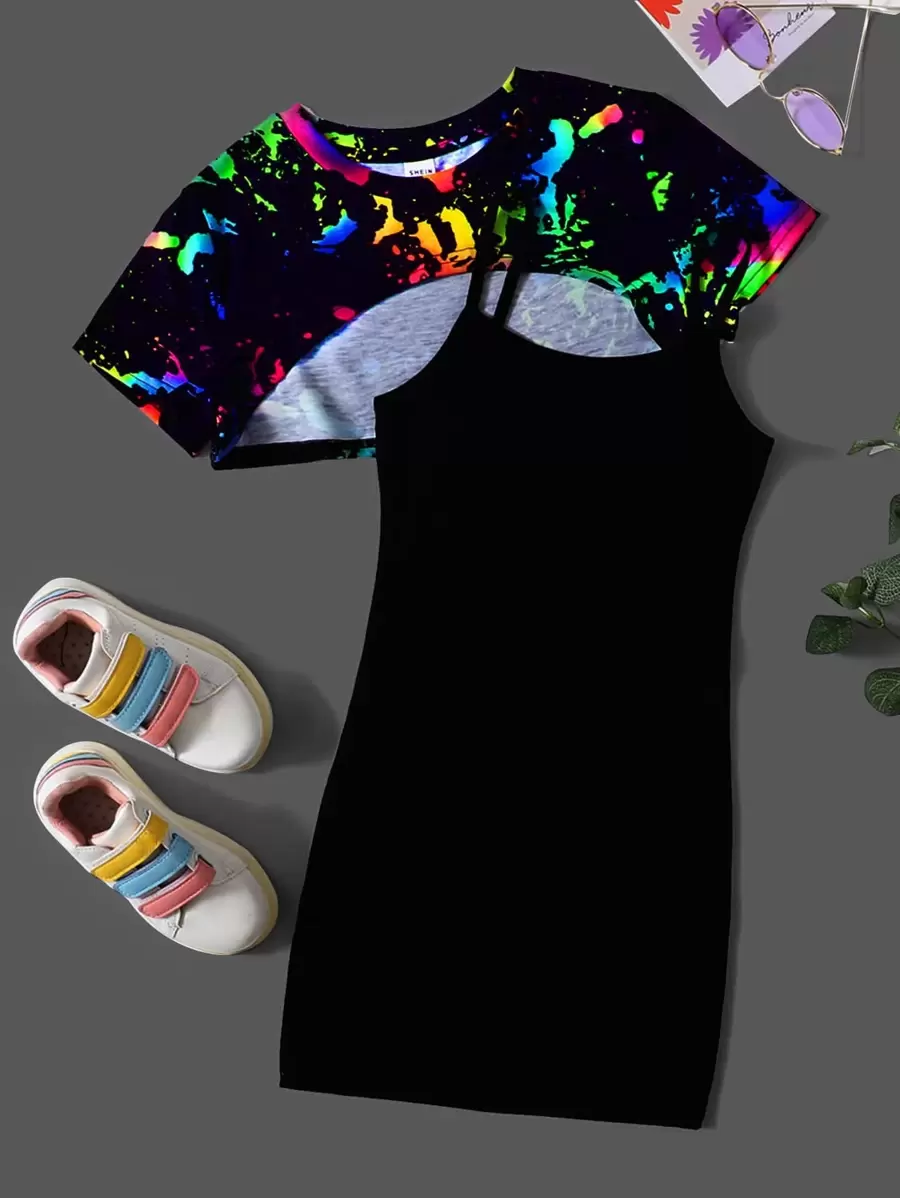 SHEIN 預青少女圖形印花高低襬t恤和背心禮服 - 黑色 - 查看 1