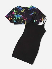 SHEIN 預青少女圖形印花高低襬t恤和背心禮服 - 黑色 - 查看 2