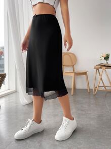 SHEIN Essnce Bow Front Lettuce Trim Mesh Skirt
