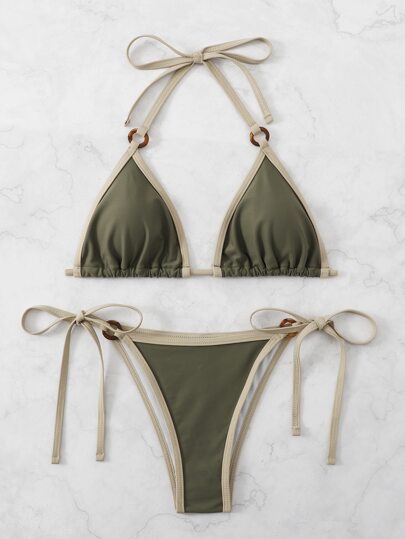 Swim Basics Summer Beach Ladies' Solid Color Bikini Set With Trim Details - Halter Triangle Bralette And Side Tie Bottom Bikini