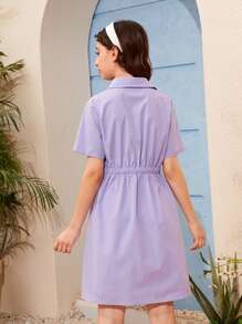 SHEIN Đầm Gái Nút phía trước màu trơn Giải trí - Màu Lilac Tím - Xem 2