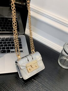 Tối giản Mini Cá sấu Mẫu Xích Shoulder Túi đeo chéo - Bạc - Xem 5