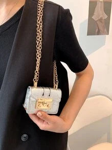 Tối giản Mini Cá sấu Mẫu Xích Shoulder Túi đeo chéo - Bạc - Xem 6
