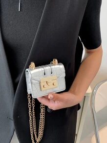 Tối giản Mini Cá sấu Mẫu Xích Shoulder Túi đeo chéo - Bạc - Xem 8
