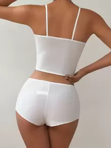 Flower Decor Notched Neckline Bra & Boyshorts Lingerie Set - White - View 2