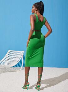 SHEINNeu 短款背心和高衩半身裙 - 綠色 - 查看 2