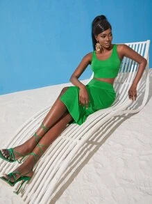 SHEINNeu 短款背心和高衩半身裙 - 綠色 - 查看 3