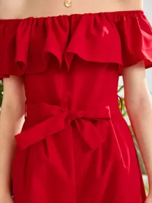 SHEIN Áo liền quần Gái Thắt lưng Xù Dây kéo màu trơn Ăn mặc đẹp - Đỏ - Xem 5