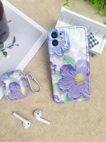1入組花卉圖案手機外殼和1入組耳機殼適用於Airpods - 紫色 - 查看 4